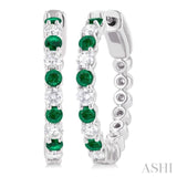 5/8 ctw Round 2.4 MM Emerald and Round Cut Diamond Precious Hoop Earring in 14K White Gold