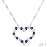 1/8 ctw Open Heart 1.4 MM Round Cut Sapphire and Round Cut Diamond Precious  Fashion Pendant With Chain in 14K White Gold