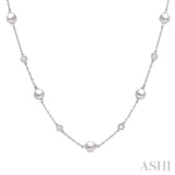 1/4 ctw White 5 MM Cultured Pearls and Round Cut Diamond Station Necklace in 14K White Gold