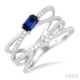 5X3MM Emerald Shape Sapphire and 1/4 ctw Single Cut Diamond Double Crisscross Lovebright Precious Ring in 10K White Gold