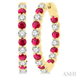 1 1/4 Ctw Interior & Exterior 2.7 MM Ruby and Round Cut Diamond Precious Hoop Earring in 14K Yellow Gold