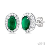 1/8 ctw Round Cut Diamond and 5X3MM Oval Shape Emerald Halo Precious Stud Earrings in 14K White Gold