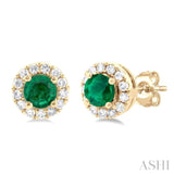 1/10 ctw Round Cut Diamond and 3.25MM Round Cut Emerald Halo Precious Stud Earrings in 14K Yellow Gold
