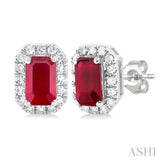 1/8 ctw Round Cut Diamond and 5X3MM Octagonal Shape Ruby Halo Precious Stud Earrings in 14K White Gold
