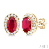 1/8 ctw Round Cut Diamond and 5X3MM Oval Shape Ruby Halo Precious Stud Earrings in 14K Yellow Gold