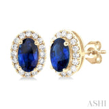 1/8 ctw Round Cut Diamond and 5X3MM Oval Shape Sapphire Halo Precious Stud Earrings in 14K Yellow Gold