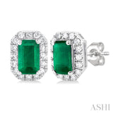 1/8 ctw Round Cut Diamond and 5X3MM Octagonal Shape Emerald Halo Precious Stud Earrings in 10K White Gold