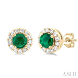 1/10 ctw Round Cut Diamond and 3.25MM Round Cut Emerald Halo Precious Stud Earrings in 10K Yellow Gold