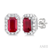 1/8 ctw Round Cut Diamond and 5X3MM Octagonal Shape Ruby Halo Precious Stud Earrings in 10K White Gold