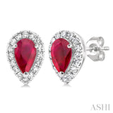 1/8 ctw Round Cut Diamond and 5X3MM Pear Cut Ruby Halo Precious Stud Earrings in 10K White Gold