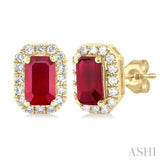 1/8 ctw Round Cut Diamond and 5X3MM Octagonal Shape Ruby Halo Precious Stud Earrings in 10K Yellow Gold