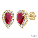 1/8 ctw Round Cut Diamond and 5X3MM Pear Cut Ruby Halo Precious Stud Earrings in 10K Yellow Gold