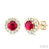 1/10 ctw Round Cut Diamond and 3.25MM Round Cut Ruby Halo Precious Stud Earrings in 10K Yellow Gold