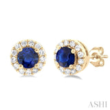1/10 ctw Round Cut Diamond and 3.25MM Round Cut Sapphire Halo Precious Stud Earrings in 10K Yellow Gold