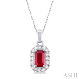 1/20 ctw Round Cut Diamond and 5X3MM Octagonal Shape Ruby Halo Precious Pendant with Chain in 10K White Gold