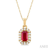 1/20 ctw Round Cut Diamond and 5X3MM Octagonal Shape Ruby Halo Precious Pendant with Chain in 10K Yellow Gold
