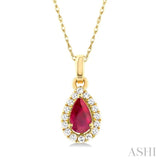 1/20 ctw Round Cut Diamond and 5X3MM Pear Shape Ruby Halo Precious Pendant with Chain in 10K Yellow Gold