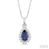 1/20 ctw Round Cut Diamond and 5X3MM Pear Shape Sapphire Halo Precious Pendant with Chain in 10K White Gold