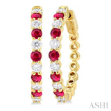7/8 ctw Round 2.7 MM Ruby and Round Cut Diamond Precious Hoop Earring in 14K Yellow Gold