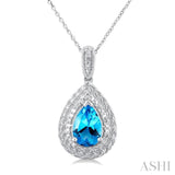 1/20 ctw Pear Cut 9X6 MM Blue Topaz and Round Cut Diamond Semi Precious Pendant With Chain in Sterling Silver