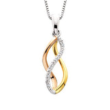 This curved cage tri-color sterling silver pendant has .02tw diamonds hanging from an 18