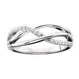 10kt white gold .14tw diamond ring, polished and shared prong braid design.