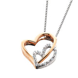 Double heart pendant is sterling silver with 18kt rose gold overlay and .025tw diamonds it is engraved with 